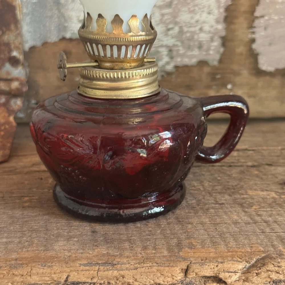 Vintage Ruby Red Glass Miniature Finger‎ Oil Lamp with White Milk Glass Chimney